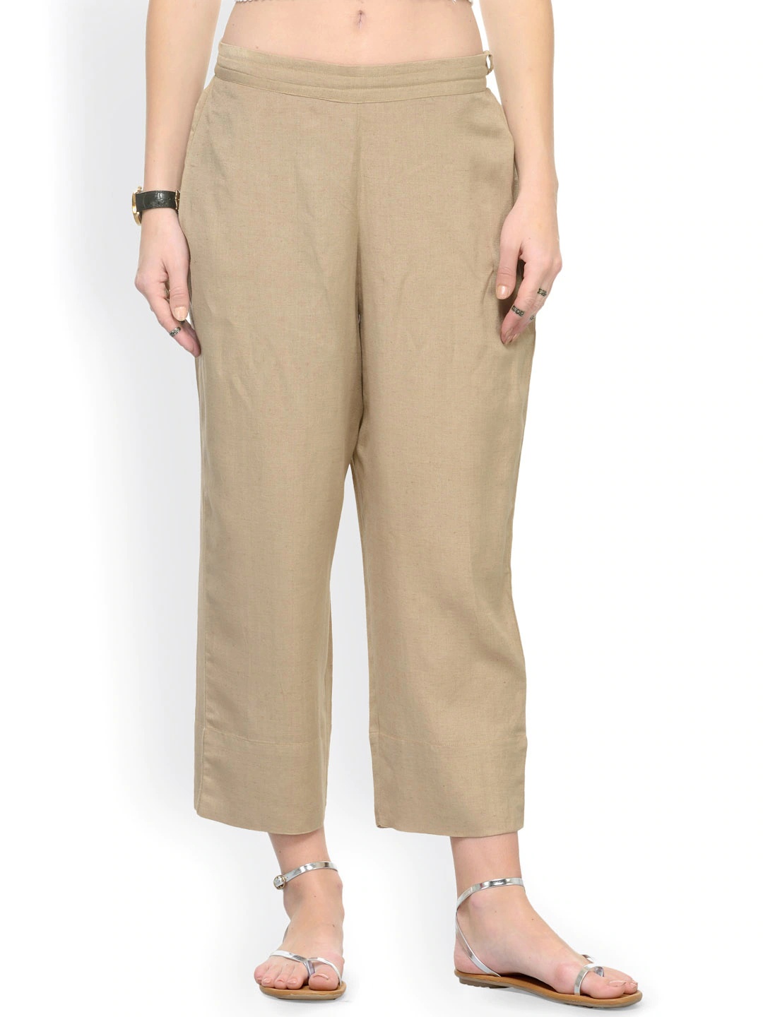 Beige Rayon Plain Women Pant-40494